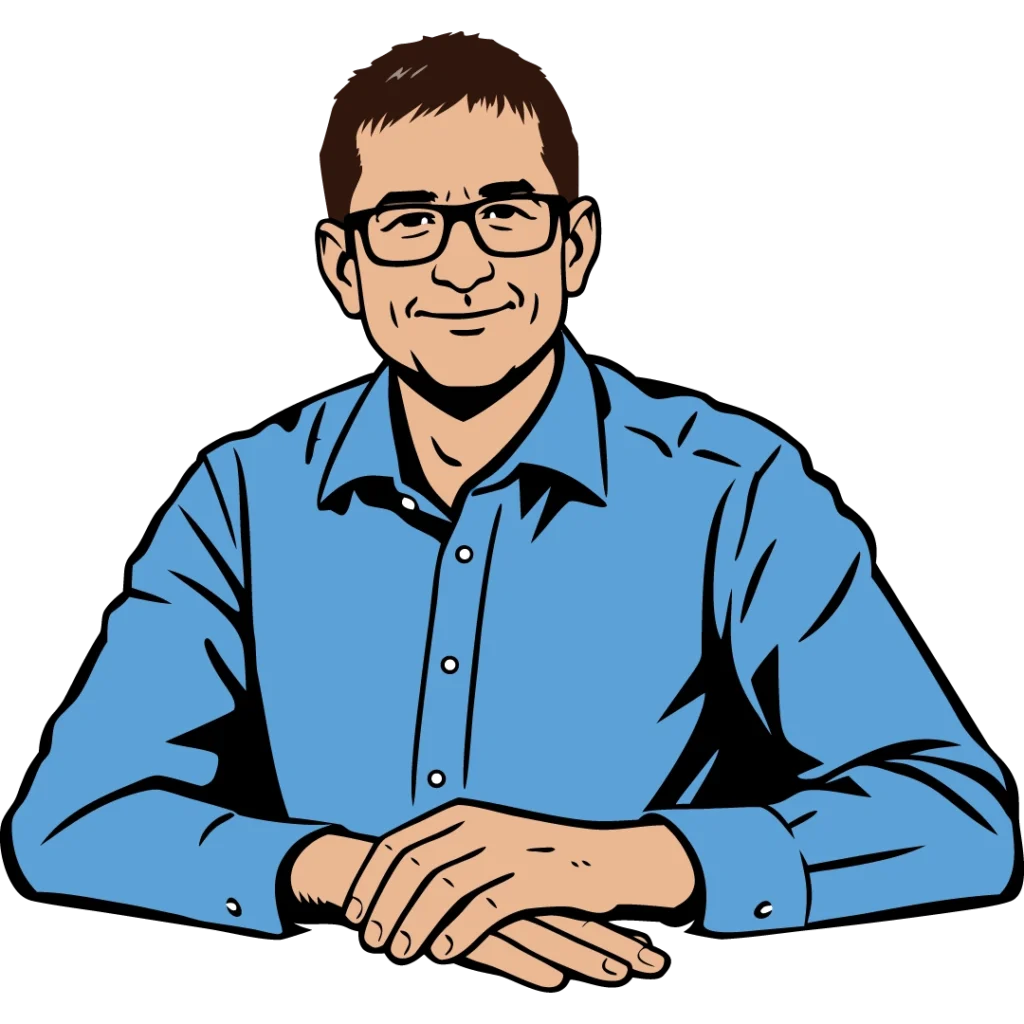 Finanzgestalter Daniel Bez - Stilisiertes Portrait im Comic Stil. Blauen Hemd, Braune Haare und eine schwarze Brille