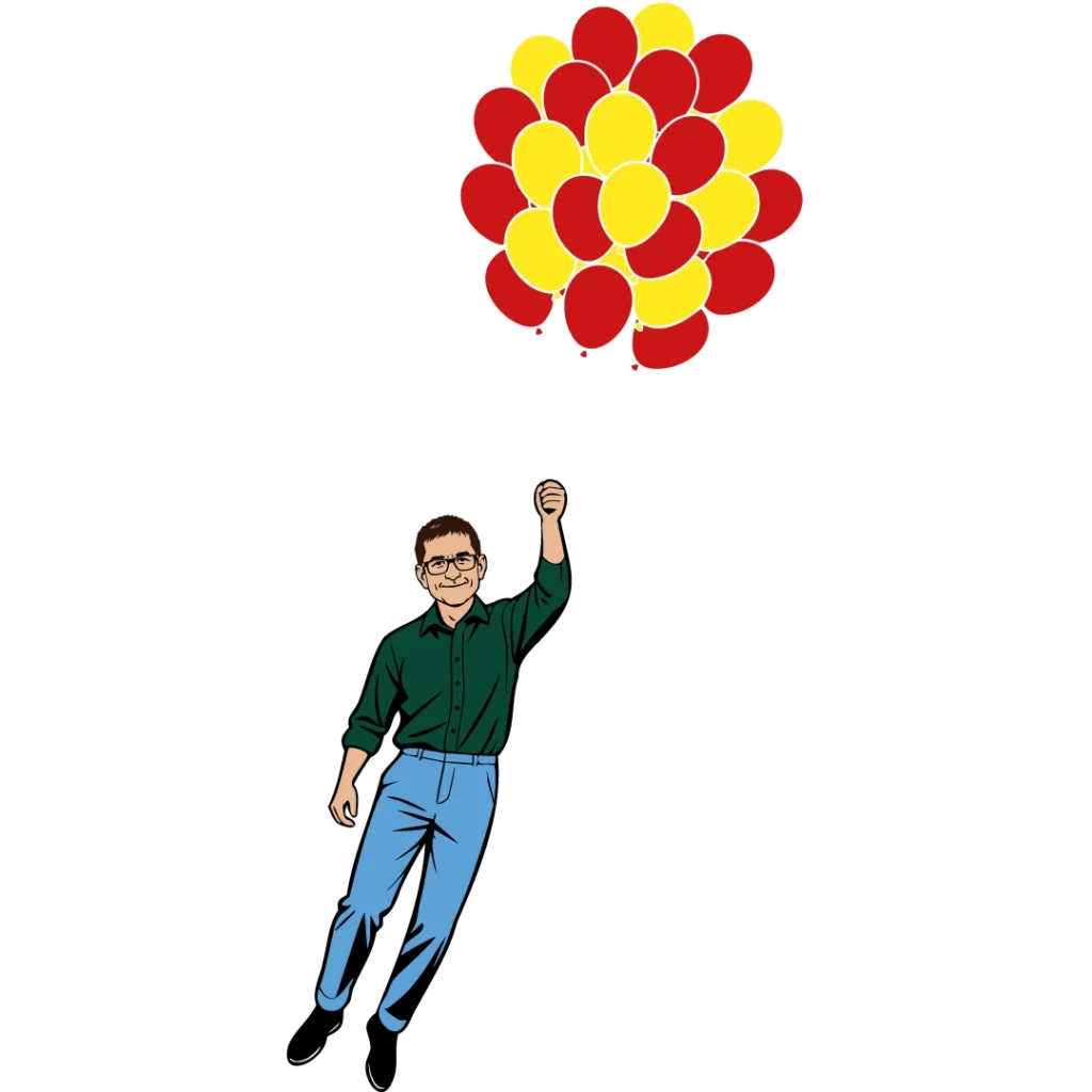 Daniel Bez mit einem Strauß Luftballons in der Hand die Ihn nach oben in die Luft "ziehen" - Hier geht es wieder zum Kopf der Website